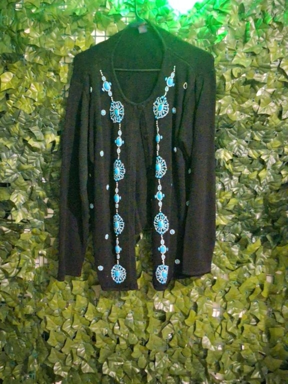 Vintage  Denim&Co Black Blazer with Turquoise Bead Medallions